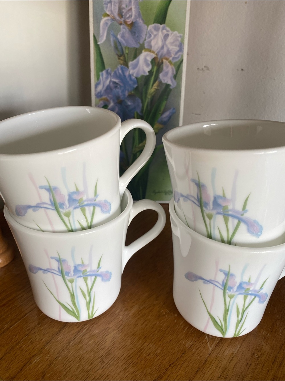 White Ceramic Mugs with Shadow Iris Floral Design - Set of 4